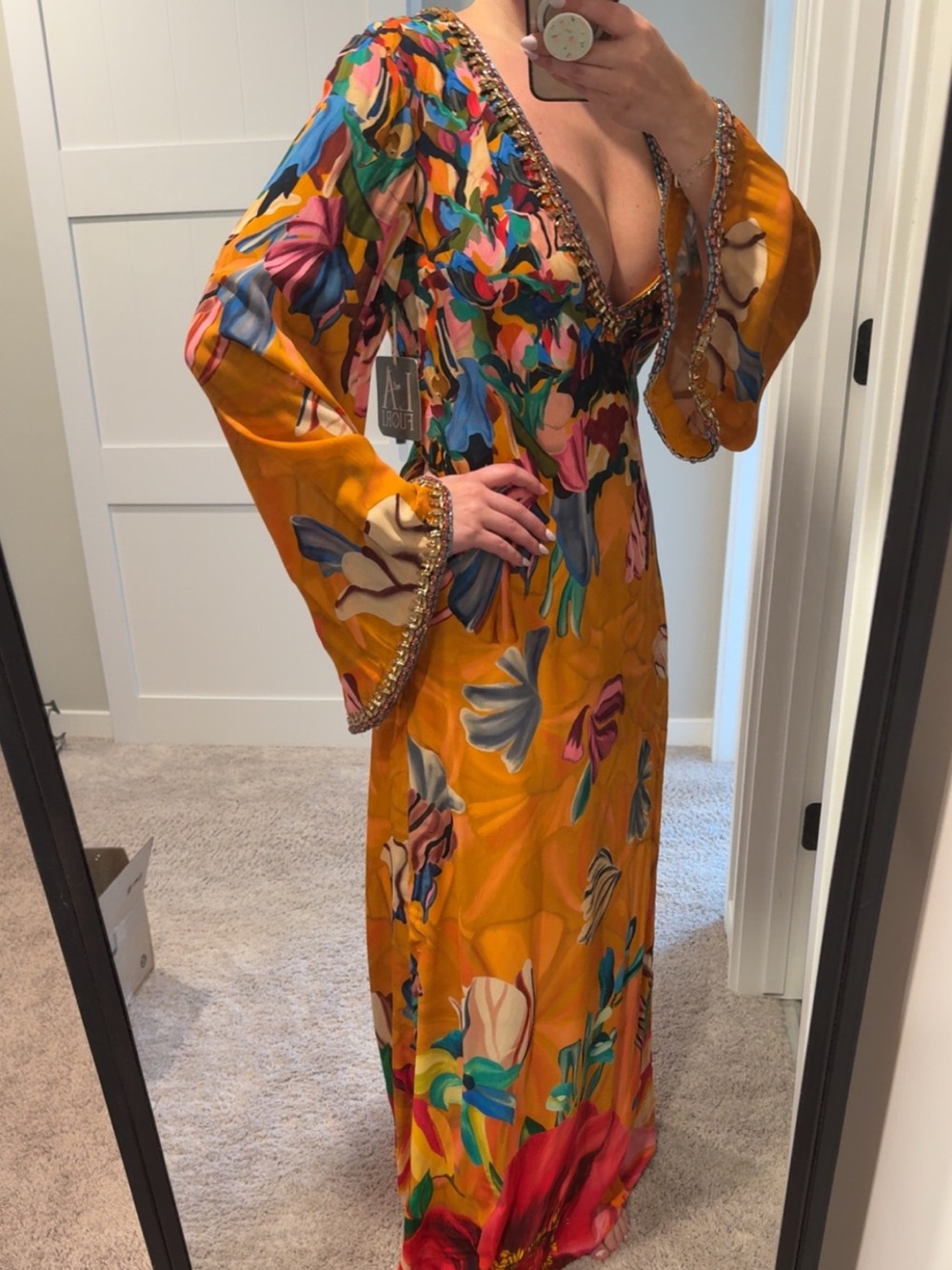NWT La Fuori Small Beaded Orange Floral Silk Crepe Dress